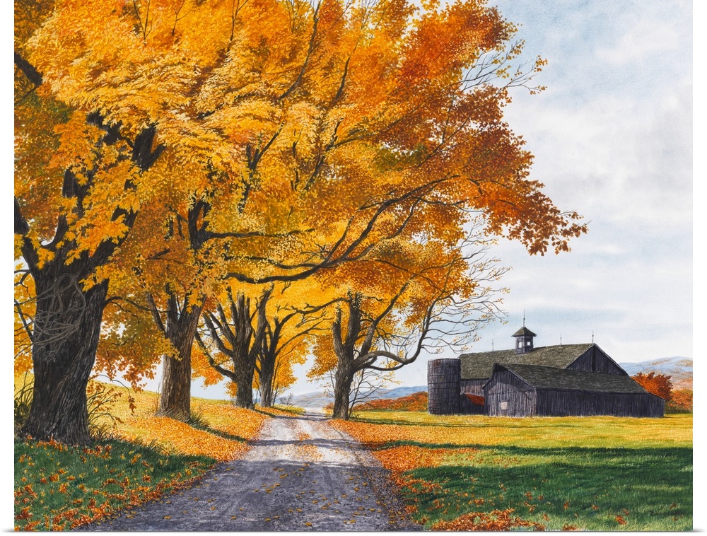 Painting of a country road leading to a barn through autumn trees.