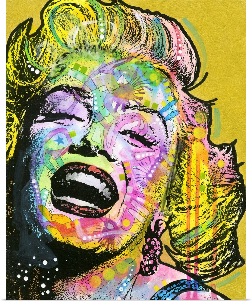Colorful portrait of Marilyn Monroe with graffiti-like designs on a gold background.