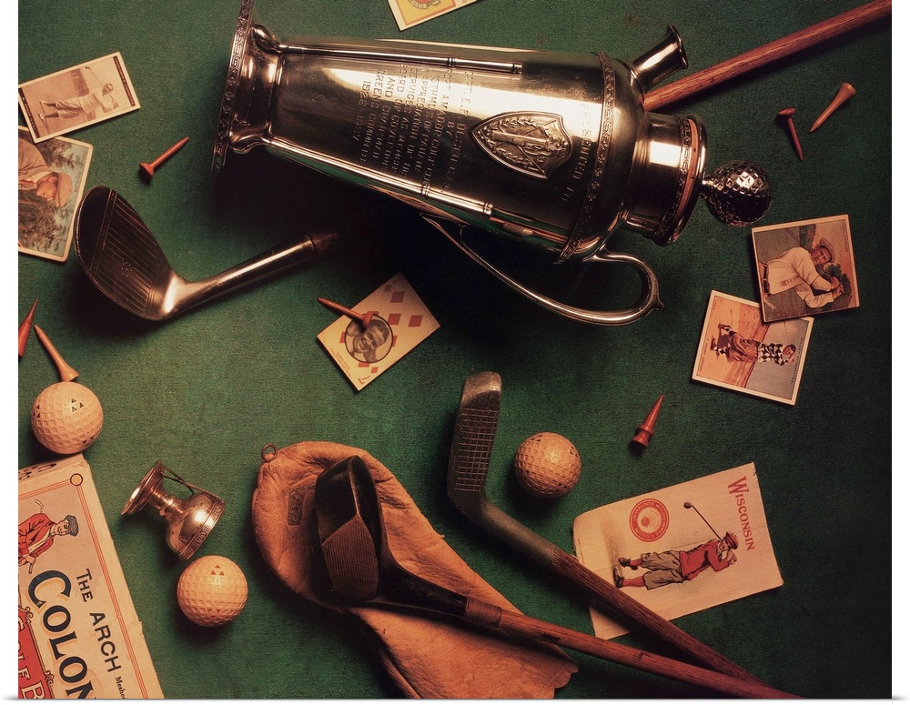 Photograph of vintage golf gear and memorabilia.