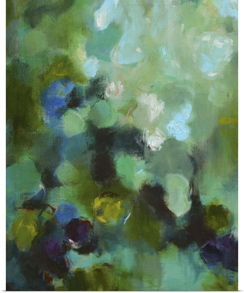 Aqua toned abstract painting, reminiscent of a pond or garden.