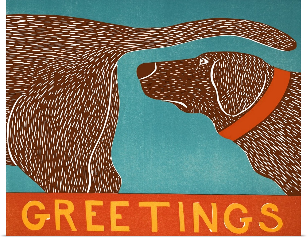 Illustration of a chocolate lab sniffing another chocolate lab's behind with the word "Greetings" written on the bottom.