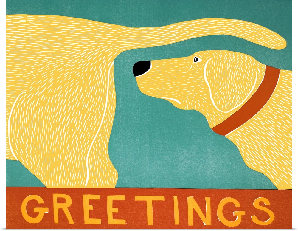 Illustration of a yellow lab sniffing another yellow lab's behind with the word "Greetings" written on the bottom.