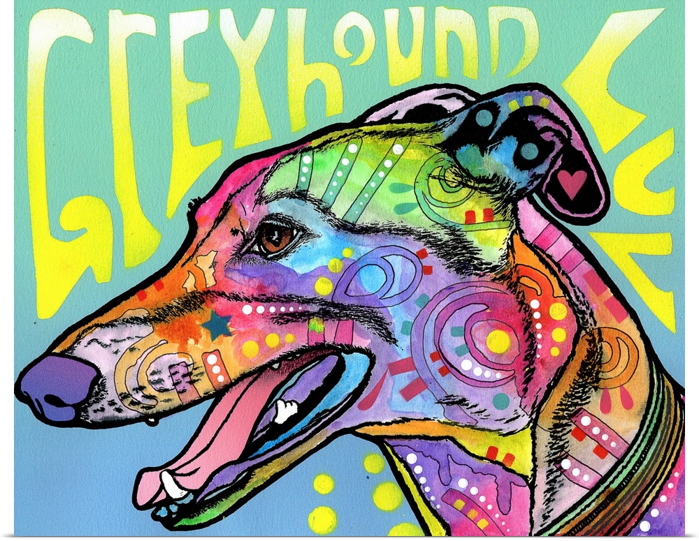 Colorful painting of a Greyhound with graffiti-like designs on a green and blue background with "Greyhound Luv" spray pain...