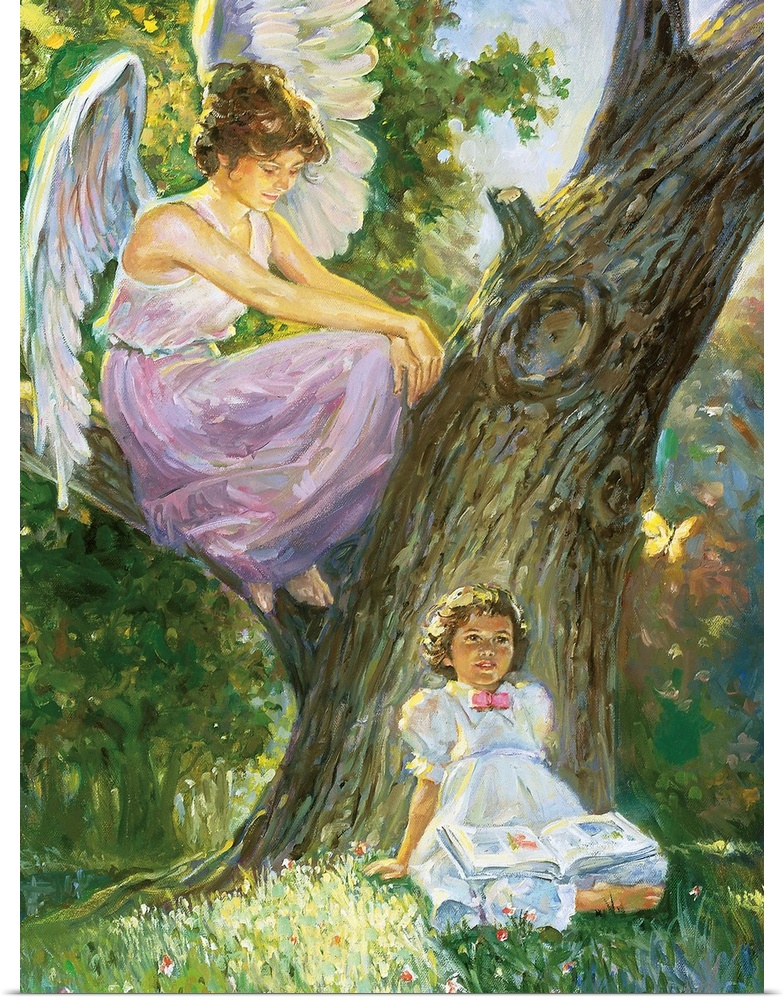A guardian angel is sitting in a tree, looking after a little girl who is sitting on the ground, a book between her legs.