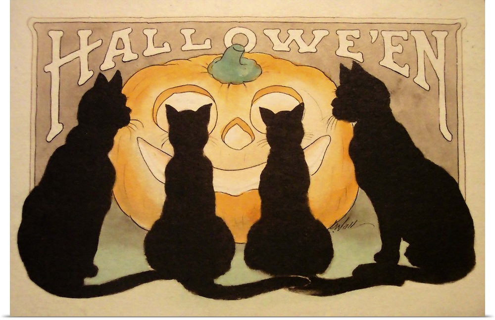 A vintage illustration of four black cats staring at a smiling jack-o-lantern.