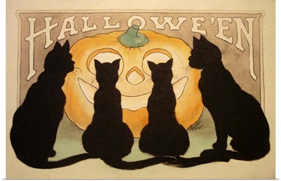 Halloween, Four Cats with Jack-O-Lantern.