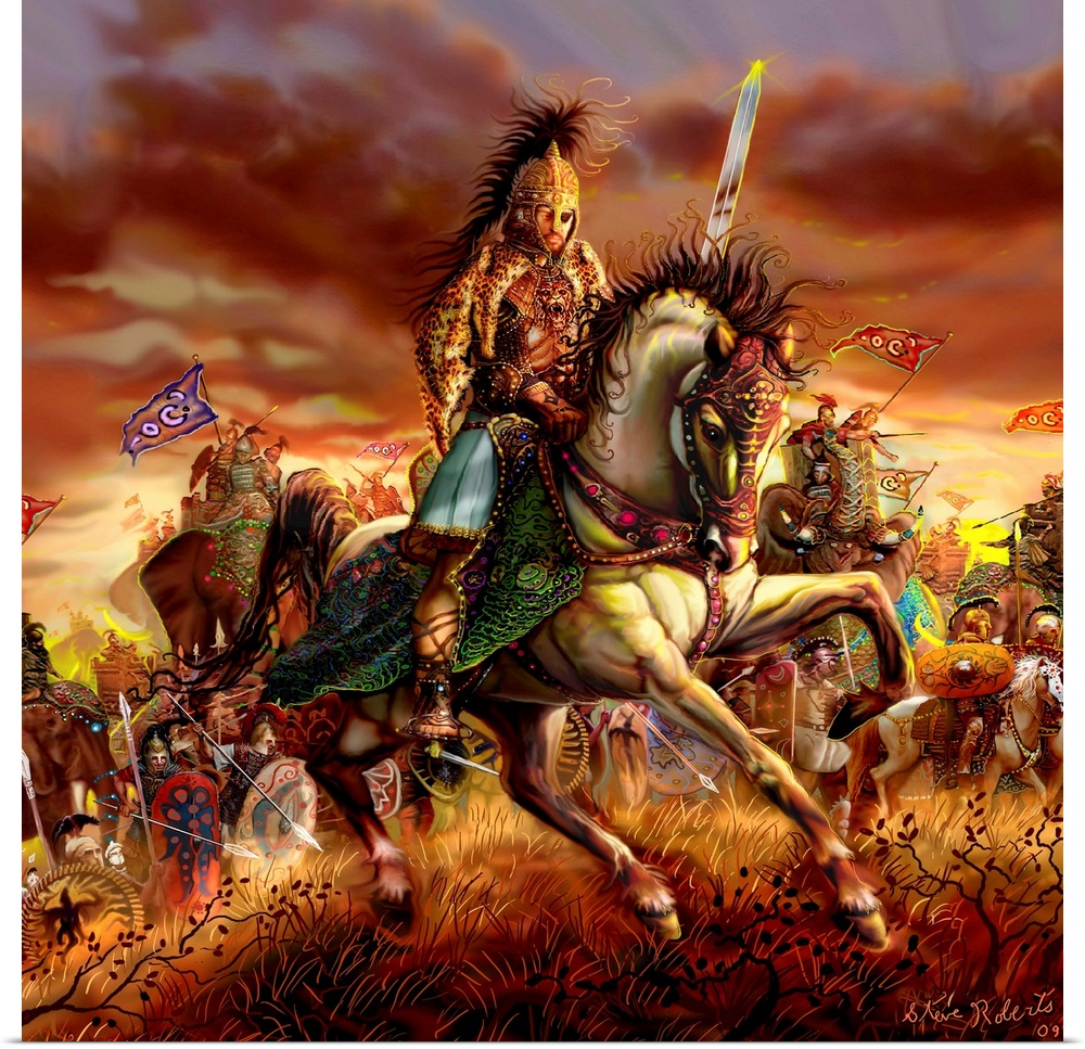 Epic warrior on horseback at the head of an army.