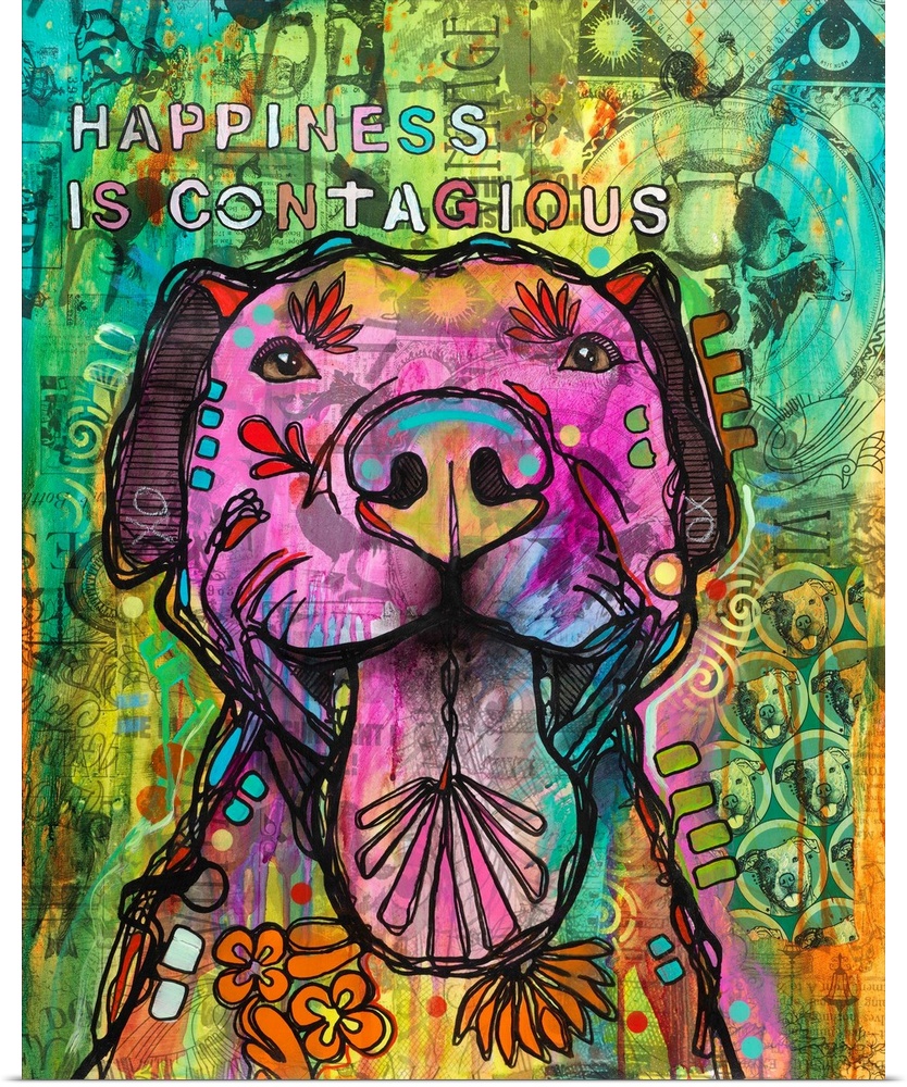 "Happiness is Contagious" stenciled in different colors above an illustration of a pit bull covered in abstract floral mar...