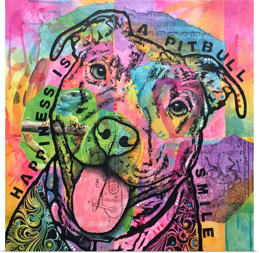 Contemporary stencil painting of a pit bull filled with various colors and patterns and the text, "Happiness is a pit bull...