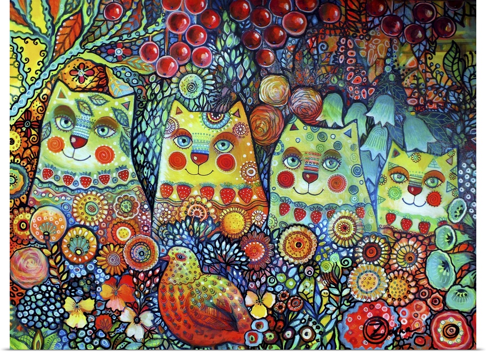 Watercolor painting of a group of four cats sitting in brightly colored flowers.