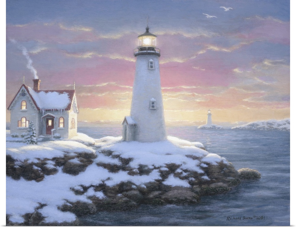 Contemporary painting of seaside cottage and lighthouse in winter.