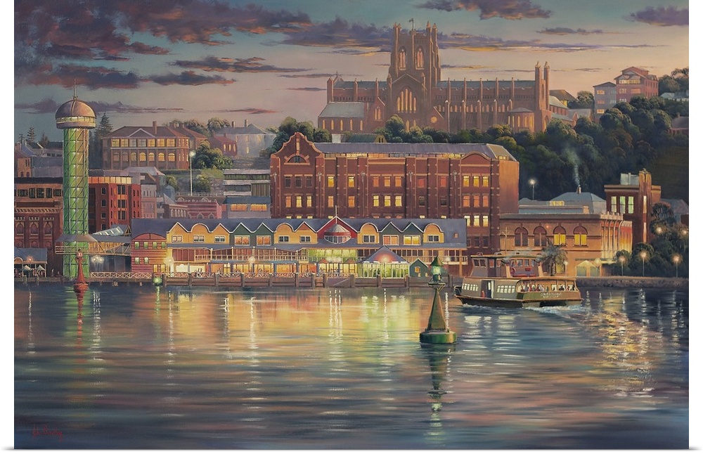 Contemporary painting of town lit up at night.