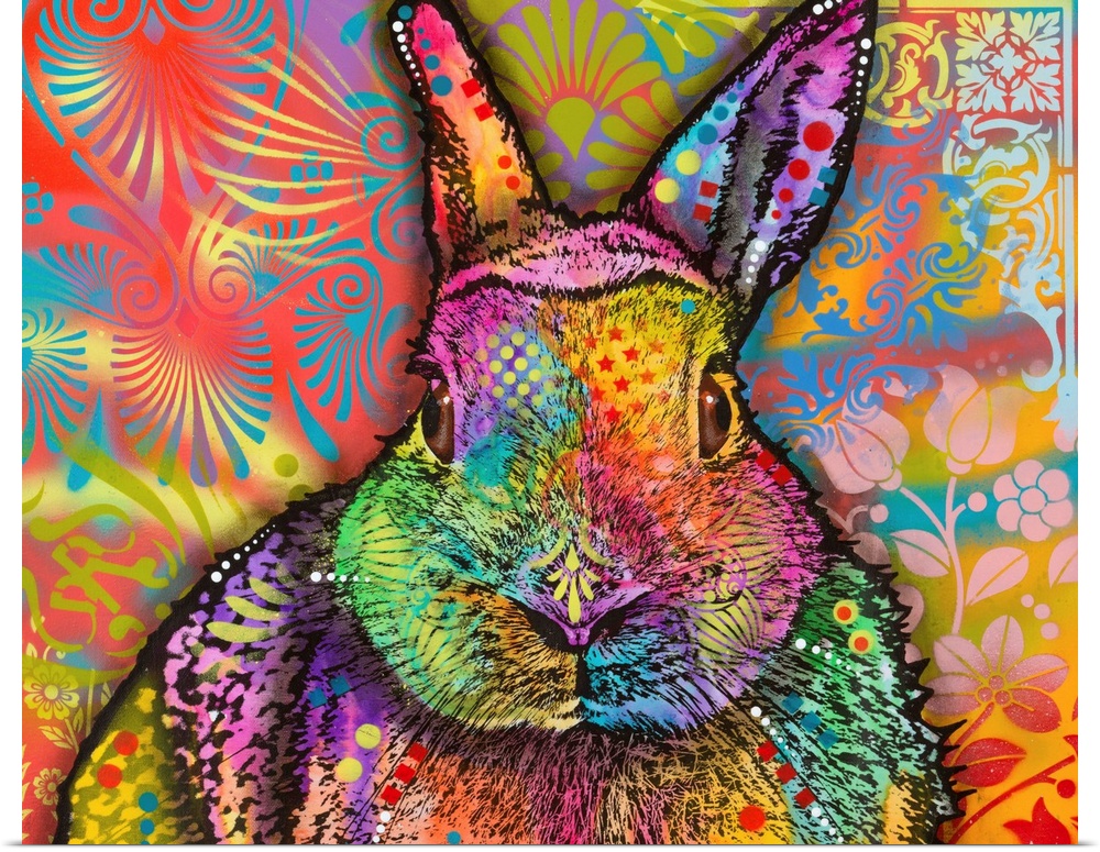 Very colorful painting of a rabbit with abstract and floral designs all over.