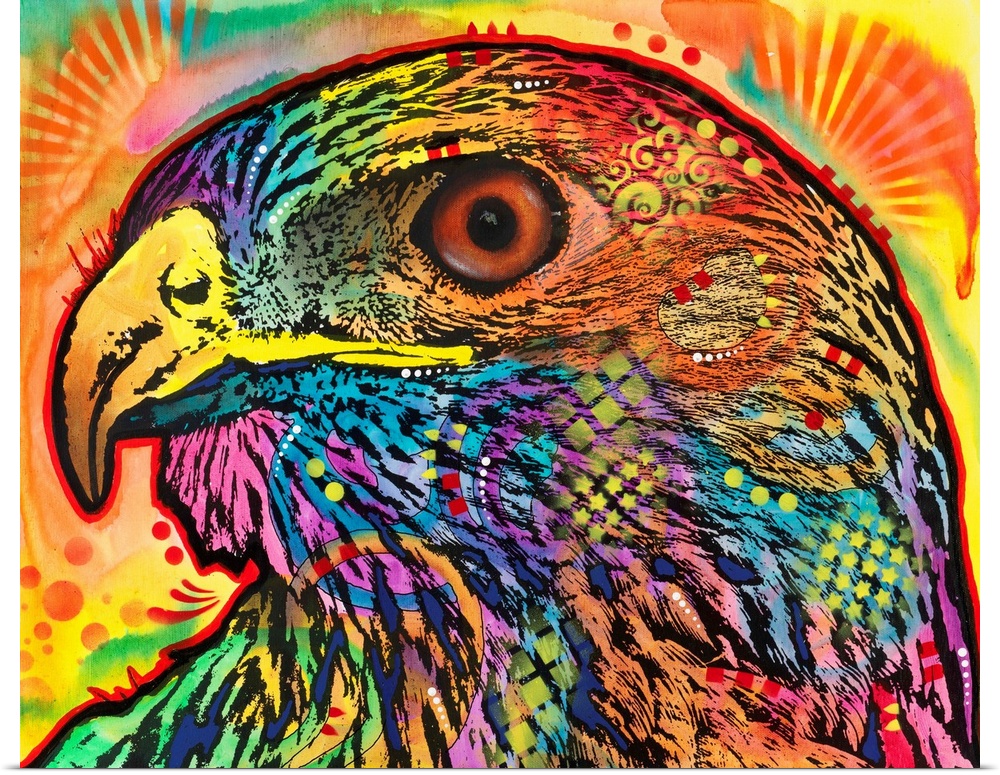 Close-up illustration of a hawk covered in colorful designs.