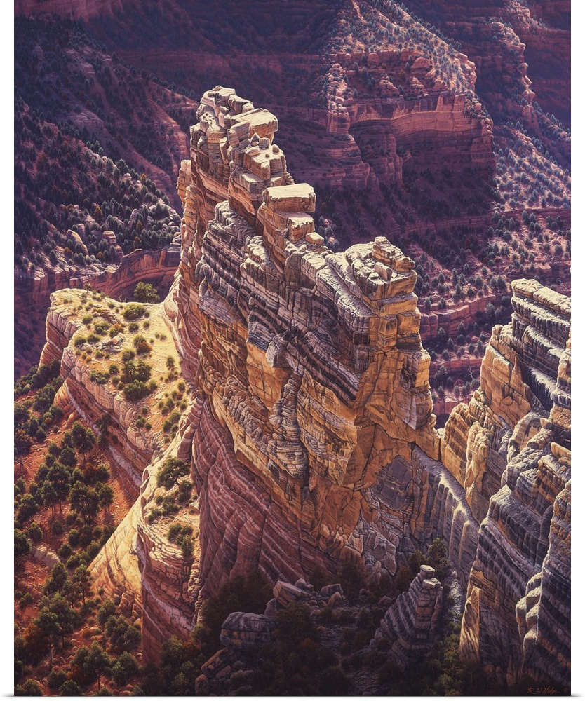 View of a tall rocky outcropping in the middle of a canyon.