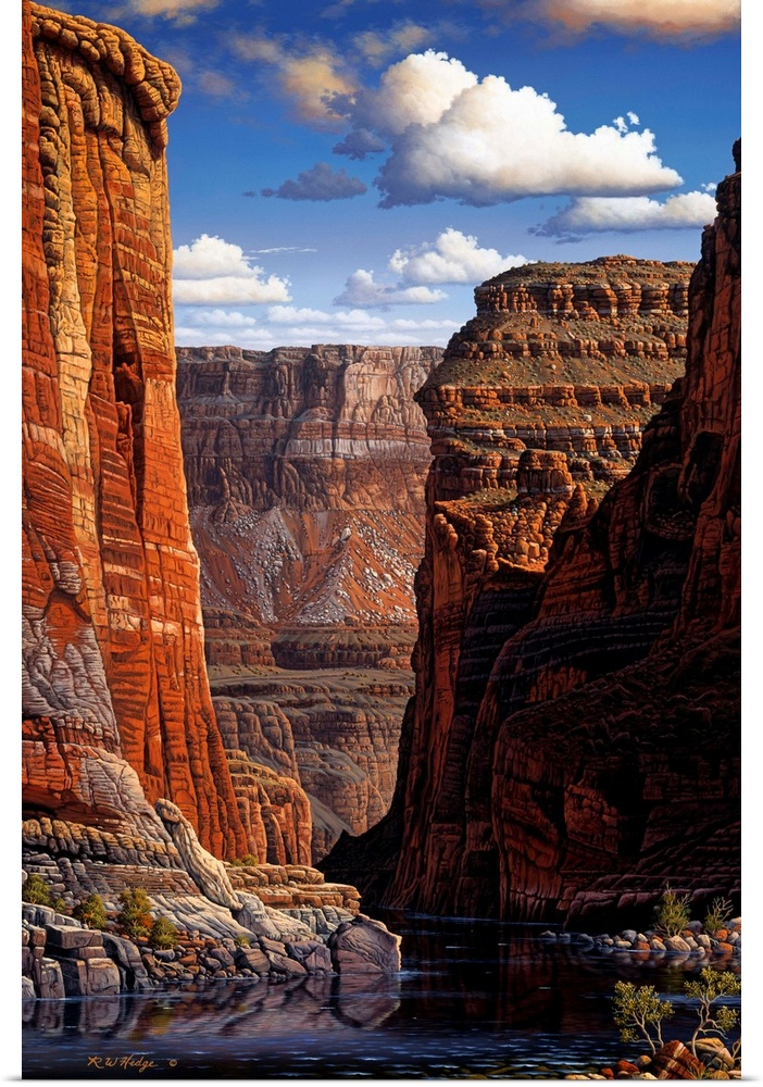 Contemporary landscape painting of the Grand Canyon as seen from the river on the canyon floor.