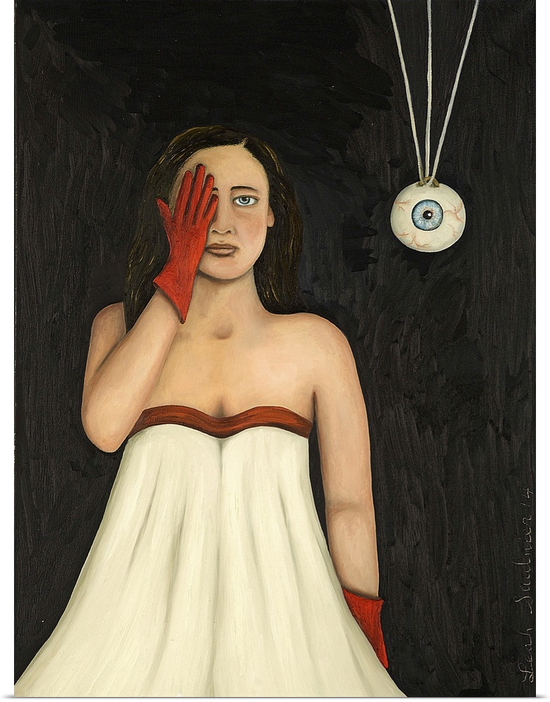 Surrealist painting of a woman wearing a white dress and holding hand over her right eye. While an eyeball hovers in the a...