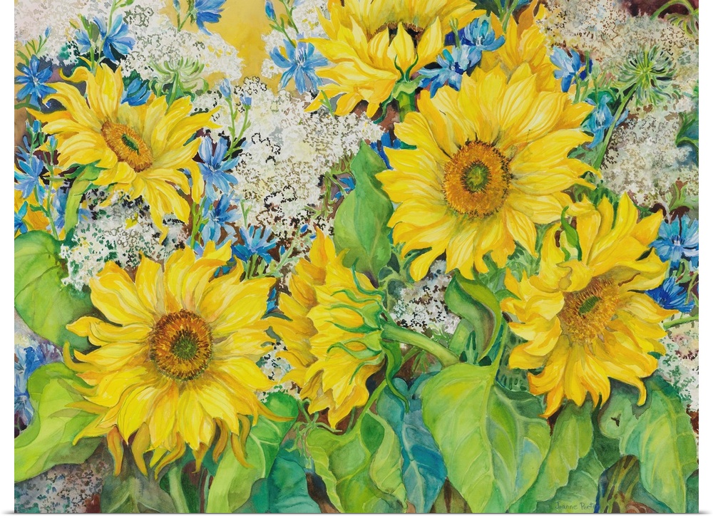Colorful contemporary painting of big yellow sunflowers.