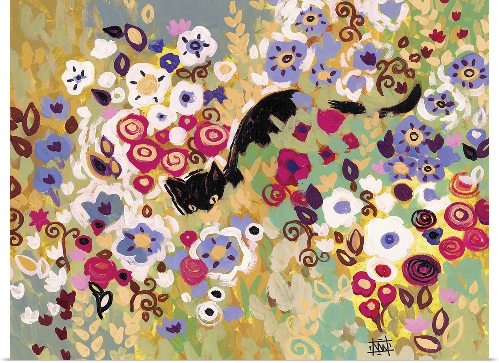 Contemporary painting of a black cat hiding in flowers.