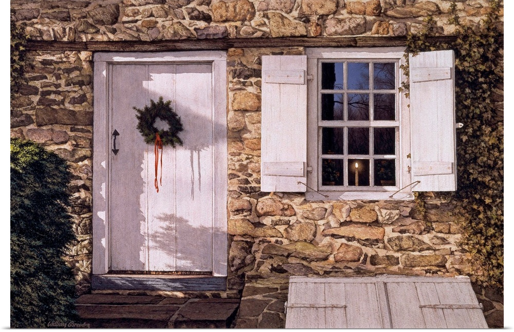 Pennsylvania architecture- front of stone house with white doors and shutters and a wreath on the door.