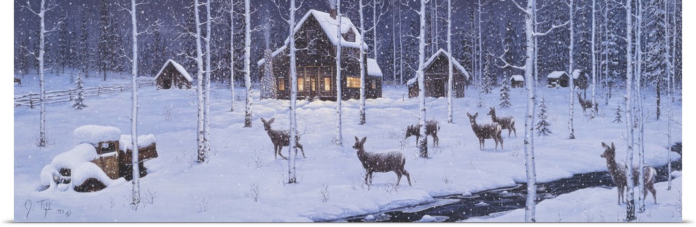 a cabin in the woods with the snow falling down with deer all around