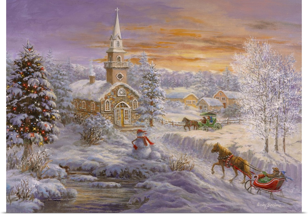 Painting of a church scene featuring a large Christmas tree. Product is a painting reproduction only, and does not contain...