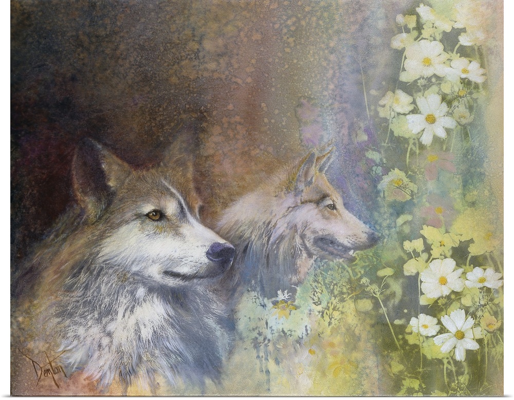 Contemporary painting of wolves and nature elements.