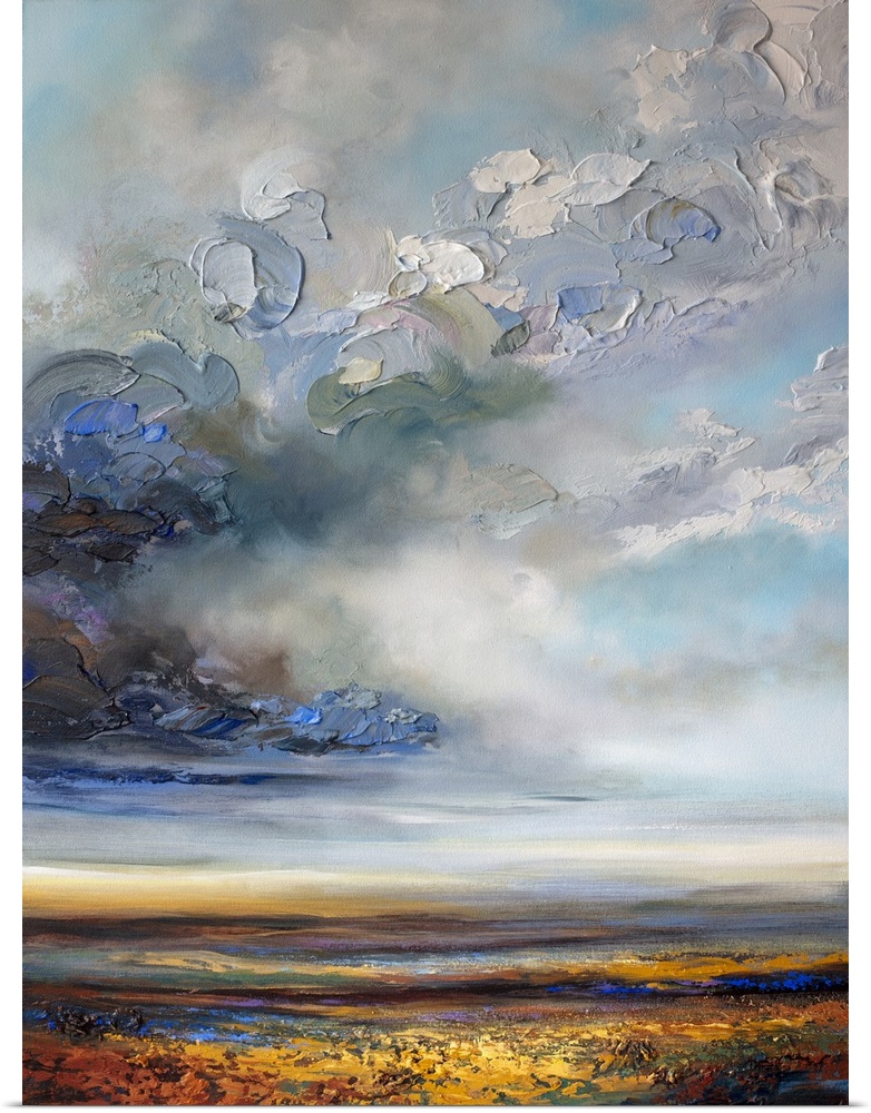 Original painting of moody abstract landscape with stormy cloudy sky and prairie field by Canadian Artist Melissa McKinnon
