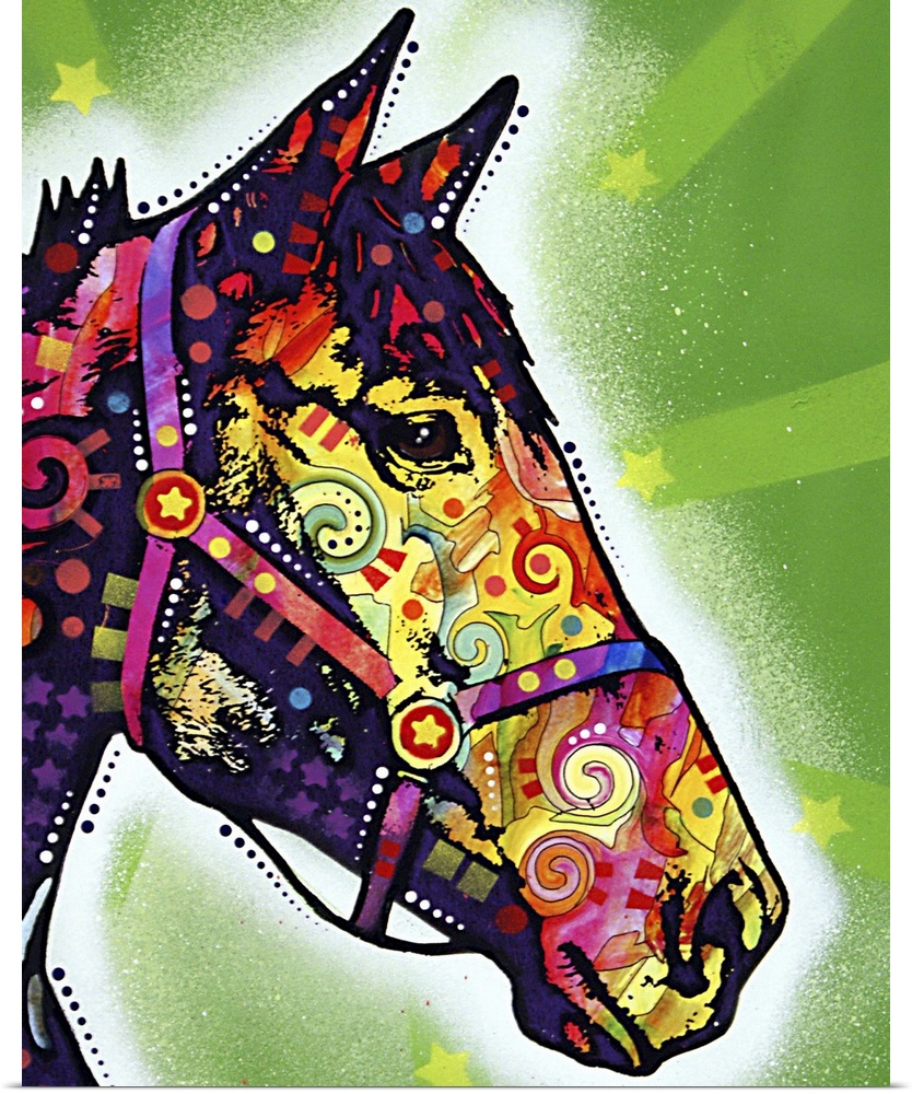 Large vertical artwork of the profile of a horses head, filled in with multicolored graffiti art and various shapes.  The ...