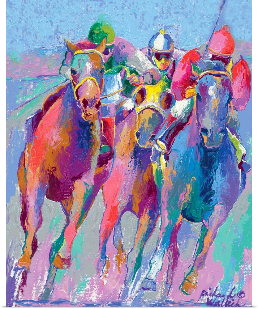 Colorful painting of jockeys racing horses.