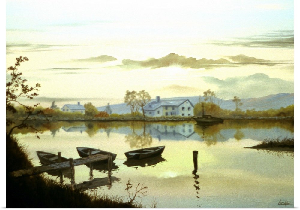 Contemporary painting of a still lake with three boats by the pier.