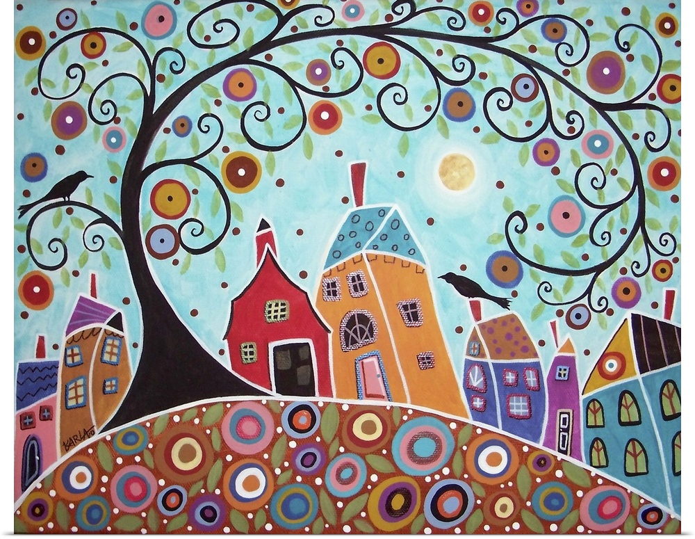 Contemporary painting of a village made of different colored houses with a large tree with curly branches.