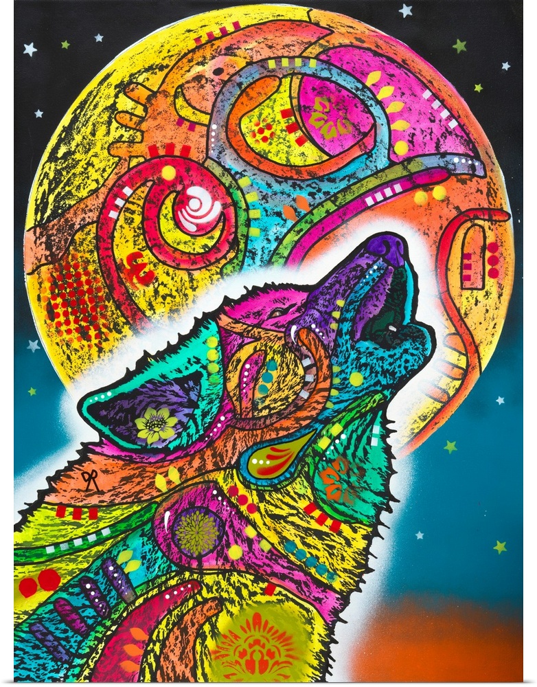 Contemporary stencil painting of a wolf howling at the moon filled with various colors and patterns.