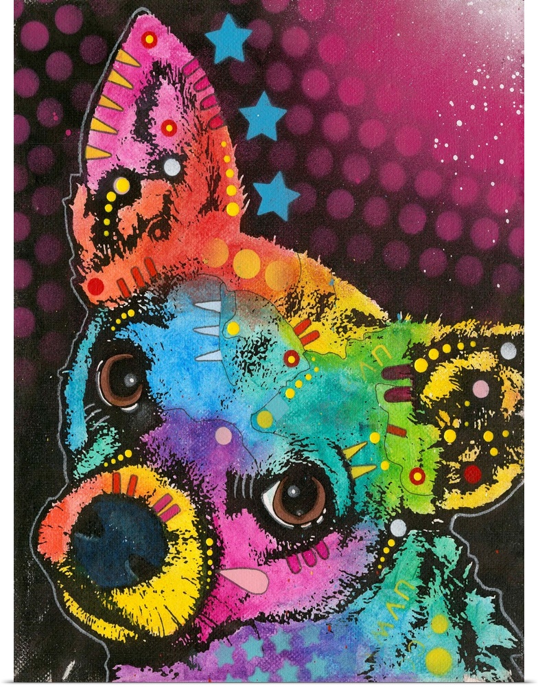 Colorful painting of a small dog with abstract designs all over.