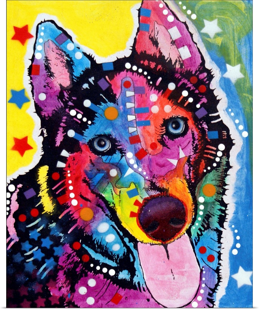 Contemporary stencil painting of a husky filled with various colors and patterns.