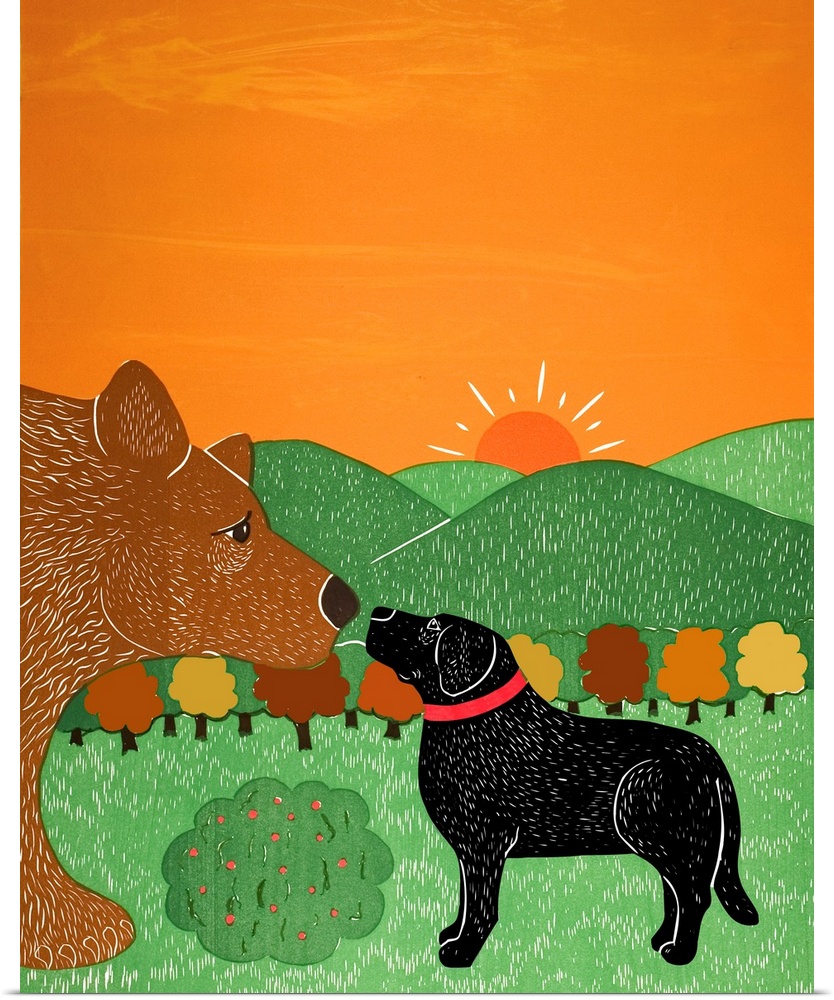 Illustration of a black lab and a brown bear smelling/greeting each other on a sunny Fall day.