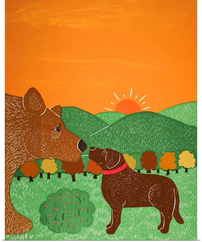 Illustration of a choclate lab and a brown bear smelling/greeting each other on a sunny Fall day.