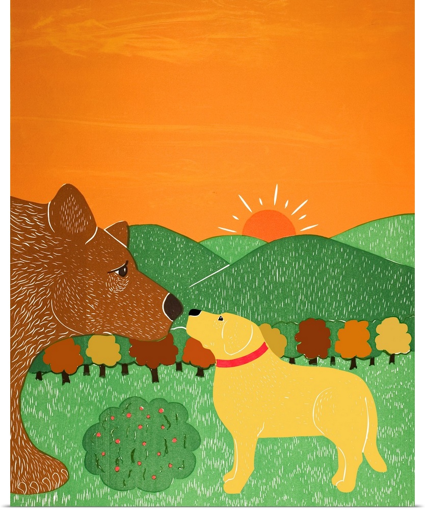 Illustration of a yellow lab and a brown bear smelling/greeting each other on a sunny Fall day.