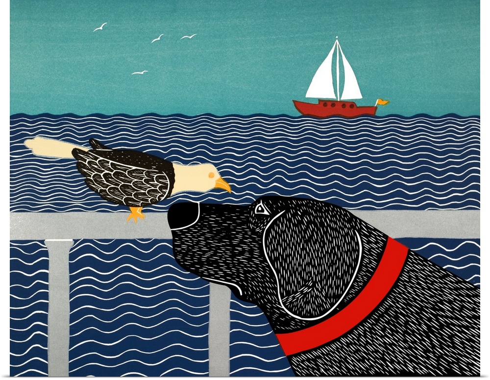Illustration of a black lab and a seabird starring at each other by the ocean with a sailboat in the background.