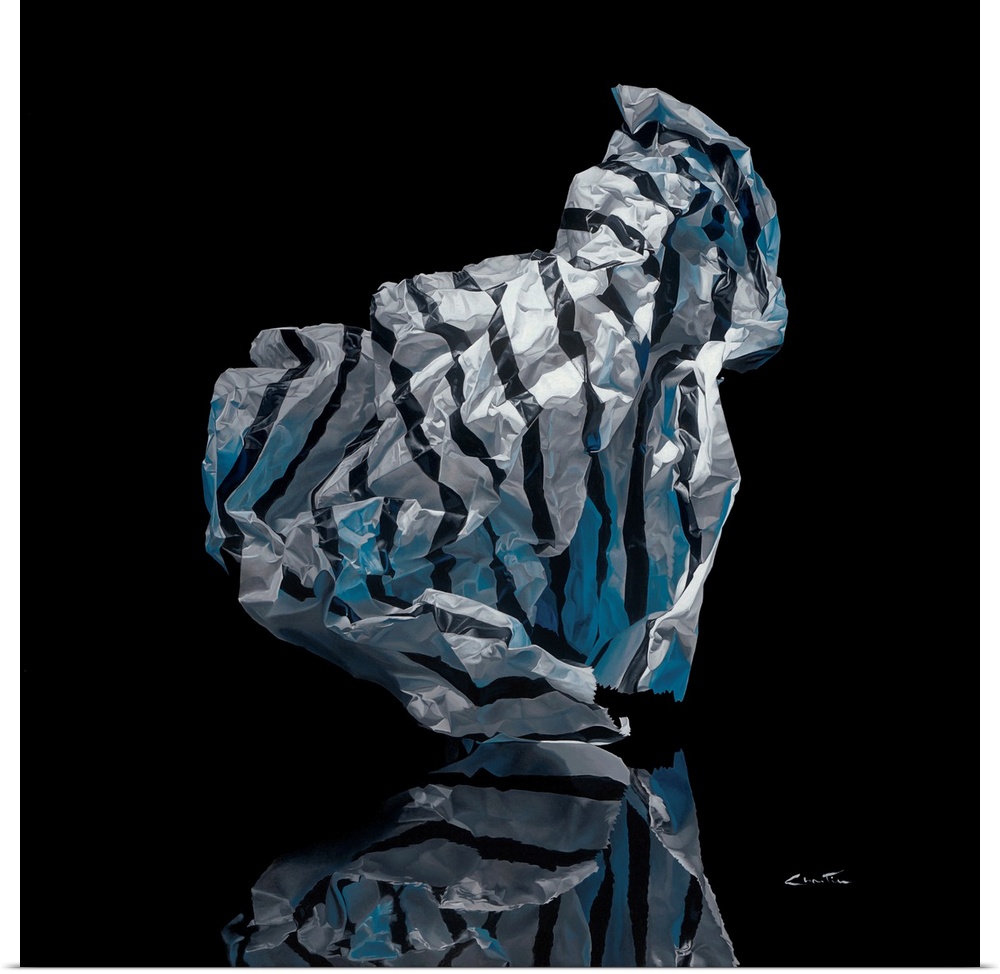Contemporary vivid realistic still-life painting of a crumpled up piece of black striped tissue paper, on top of a reflect...
