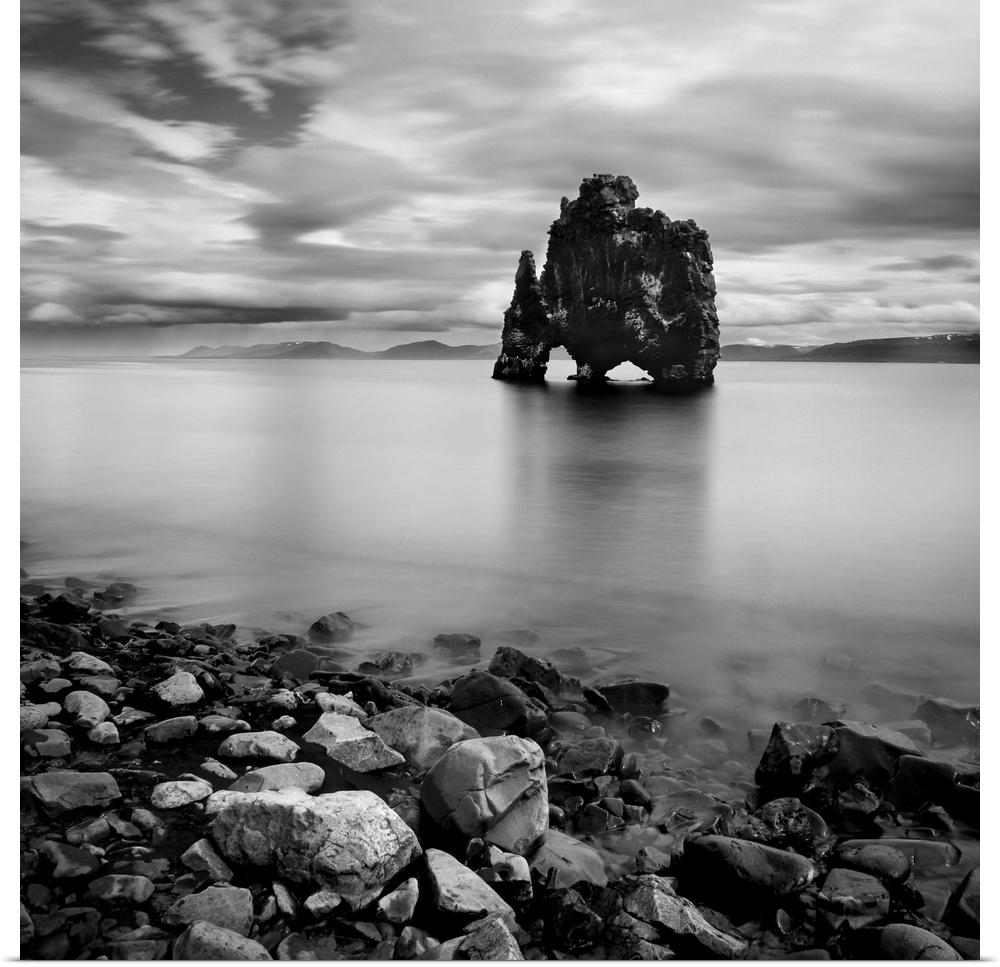 Iceland Dinosaur, rocks out in the water, black and white photography