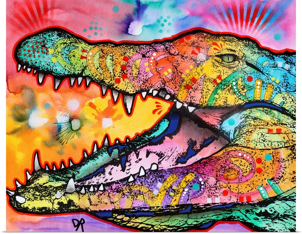 Close-up illustration of a colorful crocodile with its mouth open.