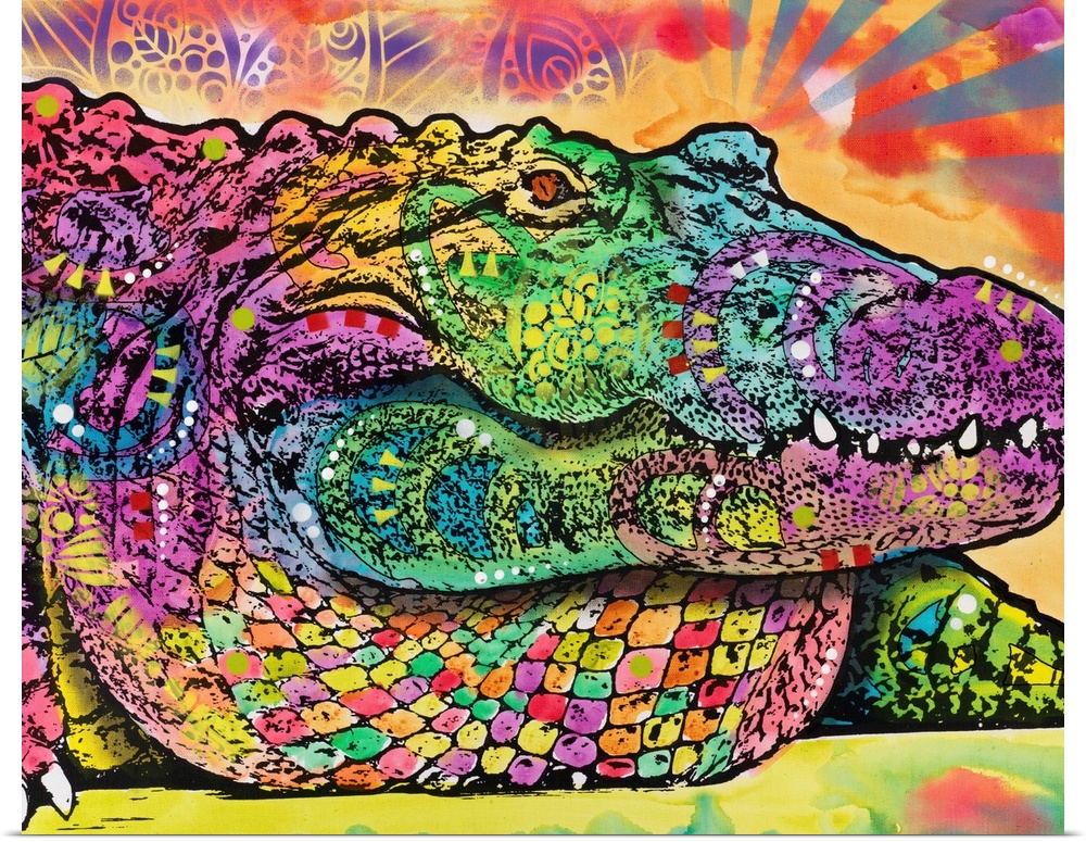 Colorful illustration of a Crocodile with different colors and abstract designs all over.