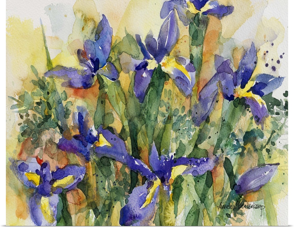 Contemporary watercolor painting of purple flowers.