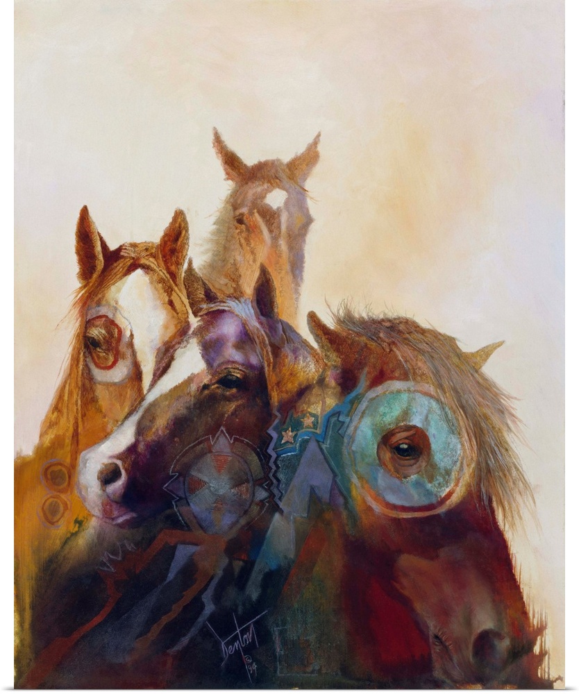 Contemporary painting of wild horses painted in Native American regalia.