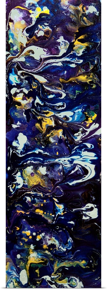 A contemporary abstract painting using deep dark purples and blue tones with hints of yellow.