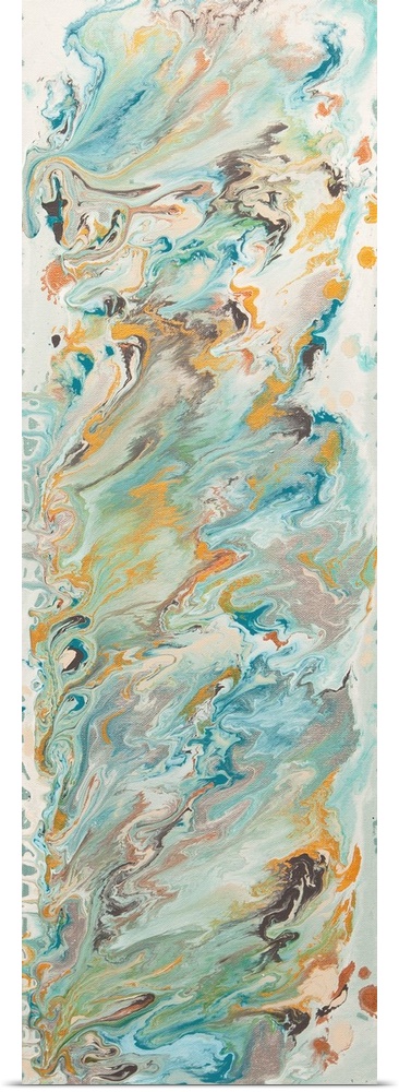 A contemporary abstract painting using swirling movements of paint in muted tones.