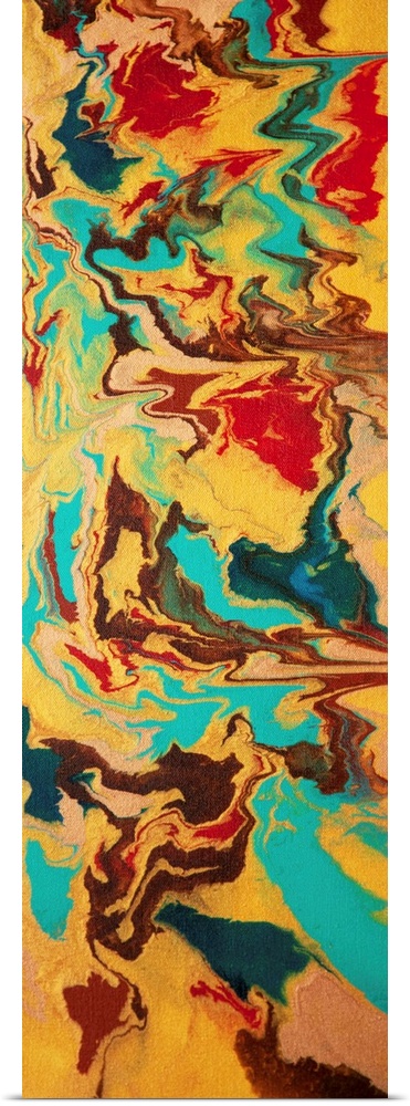 Contemporary abstract painting in turquoise, brown, gold, and red.