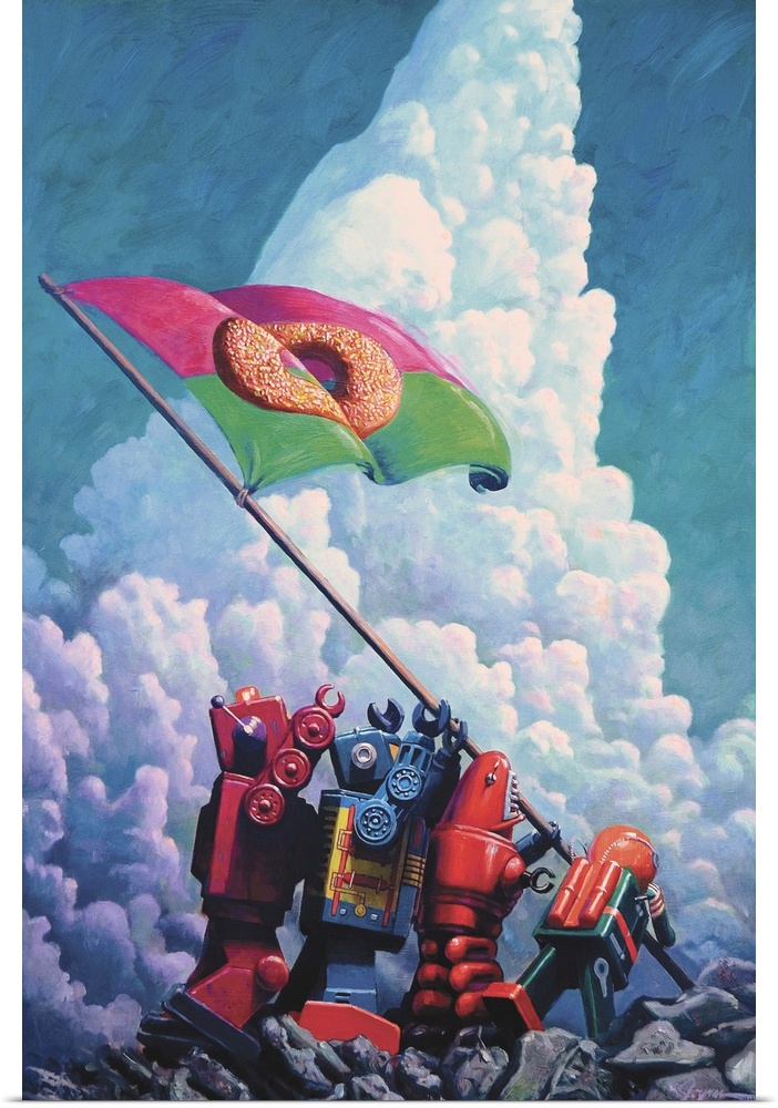 A contemporary painting of four retro toy robots raising a flag with a donut on it recreating an iconic photograph from WWII.