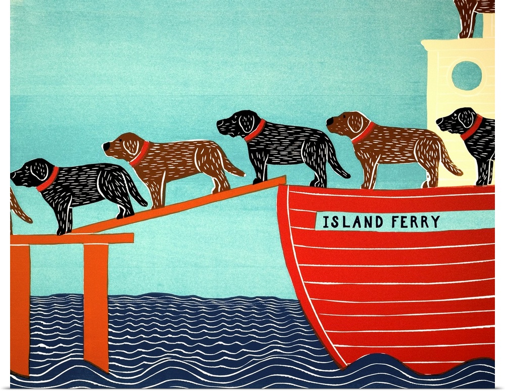 Illustration of a pattern of black and chocolate labs walking off of a ferry named the "Island Ferry"